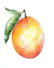 Vibrant watercolor illustration of a mango with a green leaf, perfect for fruit-themed designs and culinary projects.