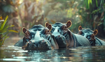 Fototapeta premium Hippos lounging in a serene river