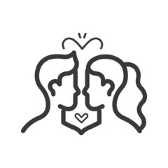 Line art illustration of a couple facing each other with a heart between them