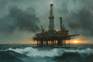 Offshore oil rig in stormy ocean at sunset