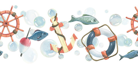 Anchor, ship's wheel, lifebuoy, fishing float with fish and bubbles. Watercolor hand-drawn illustration. Seamless border, pattern, endlessly repeating ornament, on a white background.