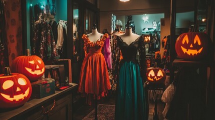 A spooky Halloween shop with mannequins dressed in costumes and carved pumpkins.