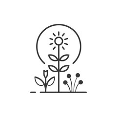 Line Art Illustration of a Flower with a Sun Above it and Other Plants