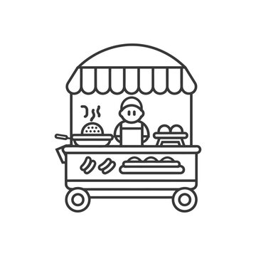 recommend clip art: Line Art Illustration of a Food Cart with a Vendor and Various Foods