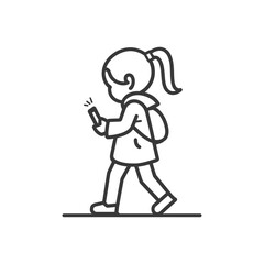 Line art illustration of a girl walking and using a phone