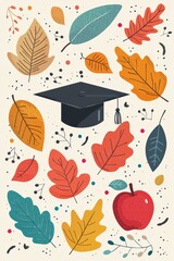 Develop a flat design poster for an autumnal school event, featuring colorful leaves and educational elements like a graduation