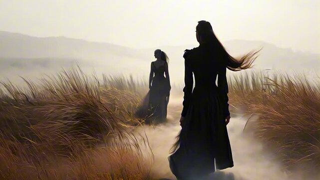 Two female witches during a witchcraft ritual in autumn field