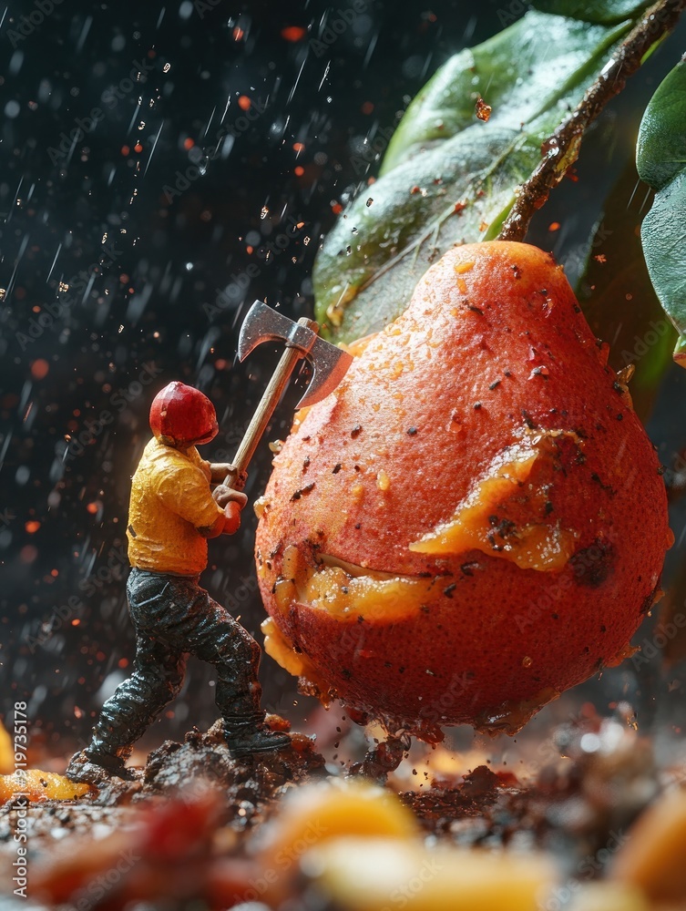 Sticker A miniature lumberjack swings his axe at a giant pear in the rain.