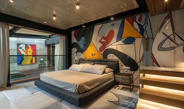 Modern loft bedroom interior with cubism decorated wall and comfortable double bed
