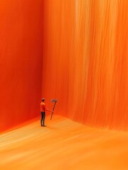 A man stands in an orange landscape, holding an axe, with a wall in the background.