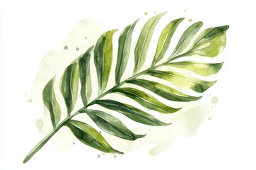 Obraz premium A beautiful watercolor illustration of a green tropical leaf with intricate details and a soft background, perfect for nature themes.