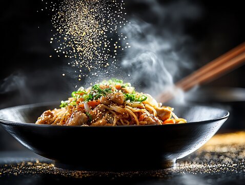 Stirfried yakisoba with chicken, cabbage, and carrots, topped with a sprinkle of aonori and benishoga, served in a lacquered bowl