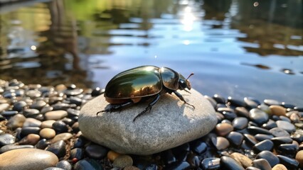 Metallic Green Beetle on a Rock by the Water