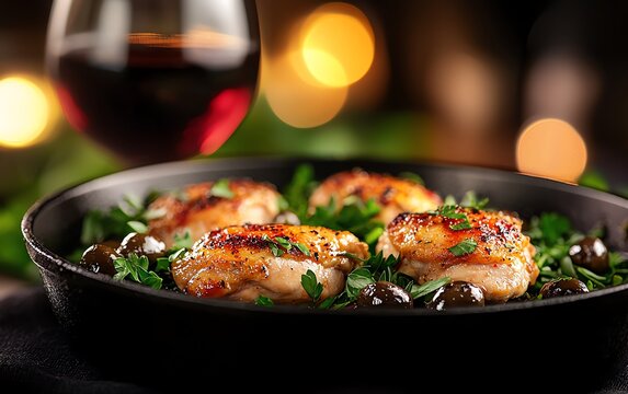 Stirfry of marinated chicken thighs with olives, capers, and tomatoes, served in a cast iron skillet with a glass of red wine and fresh herbs, set in a cozy Spanish kitchen