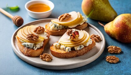 Pear Blue Cheese Honey Crostini with Walnuts. Easy Snack for Surprise Guests Friends