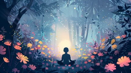 A person meditating in a quiet garden, surrounded by flowers and soft lights