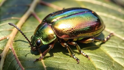 Fototapeta premium A Close-Up of a Metallic Green Beetle on a Leaf
