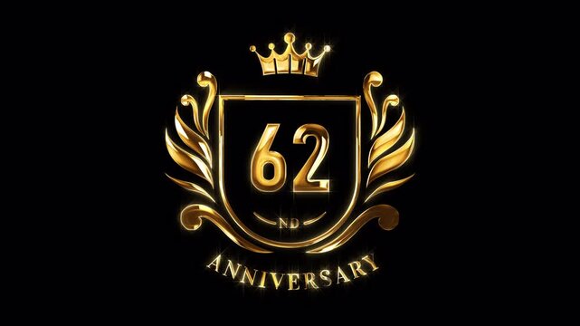 62nd Anniversary Celebration. Happy 62 Years Anniversary Animation in Gold Color on the Transparent Background, Alpha Channel. Great for greetings, celebrations, events, and gifts.