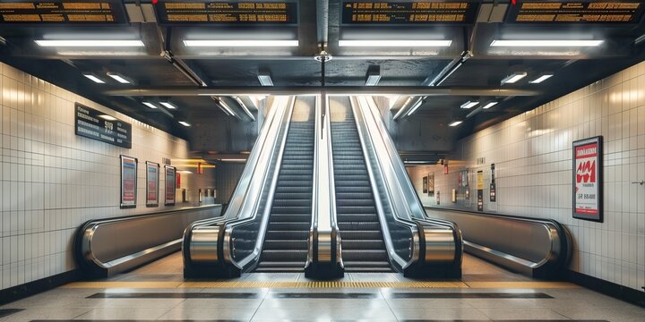 A mock-up of a poster media template displaying ads in the subway escalator of a NYC subway station.