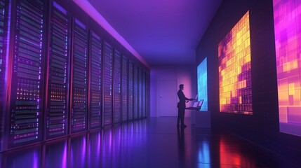 A professional monitoring server performance in a modern data center at night