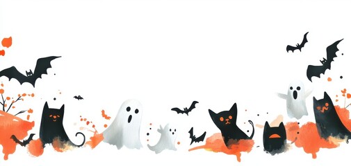 A playful Halloween design featuring ghosts, bats, and black cats surrounded by splashes of orange and black.