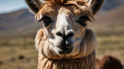 Retrato de un Llama y de fondo un paisaje natural montañoso. Generado con IA.