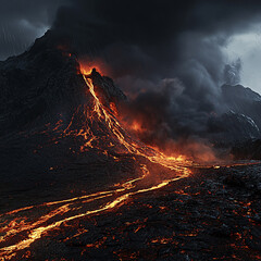 A volcanic eruption during a torrential downpour, molten lava flowing down the mountainside, steam rising as the rain meets the lava, dark clouds of ash, vibrant colors.
