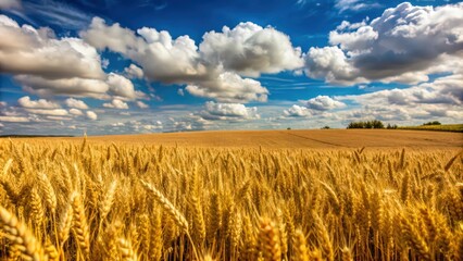 Naklejka premium Golden Wheat Field Under a Cloudy Blue Sky