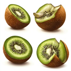 Fototapeta premium Four kiwi fruits, whole and sliced, isolated on white background.