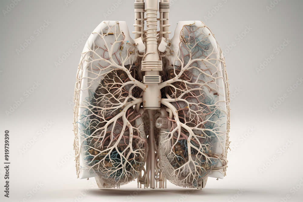 Poster Artificial implant science concept with technological AI lungs on the circuit board.