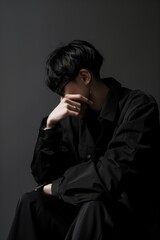 A young individual with short black hair and glasses, dressed in dark clothing, poses pensively in moody, low-key lighting.