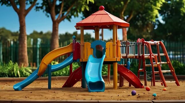 Colorful Playground with Slides, Climbing Frame and Sandbox