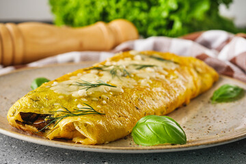 Delicious Homemade Omelette: Fresh Ingredients with Cheese, Mushrooms, and Vegetables