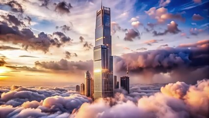 Obraz premium Skyscraper Piercing Through Clouds at Sunset