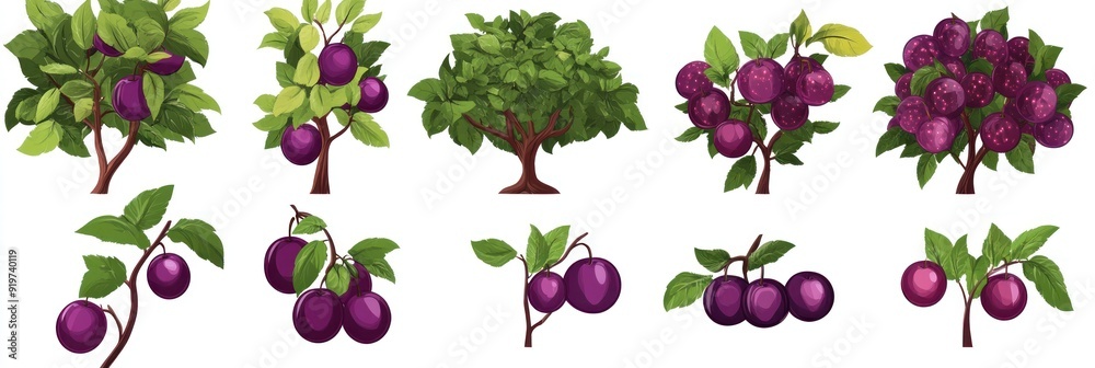 Sticker Collection of plum trees and branches with ripe plums, isolated on white.