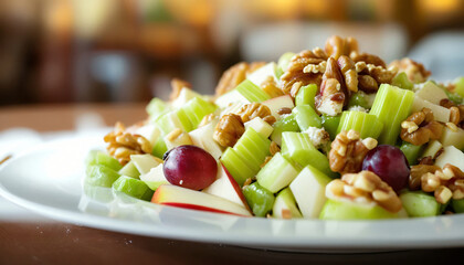 Close-up of a plate of Waldorf salad on a table