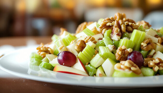 Close-up of a plate of Waldorf salad on a table
