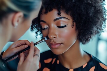 Obraz premium Makeup artist applying eyeshadow to a model during a beauty session in a modern studio setting