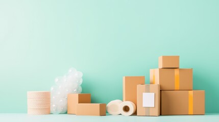 Obraz premium A variety of boxes, tape, bubble wrap, and shipping labels, arranged on a table ready for a shipment.