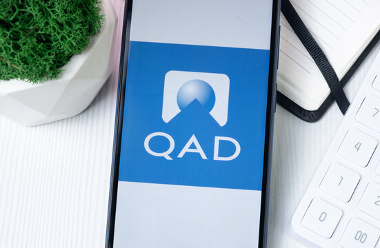 New York, USA - 1 August 2024: QAD Logo on Phone Screen, Company Icon on Display