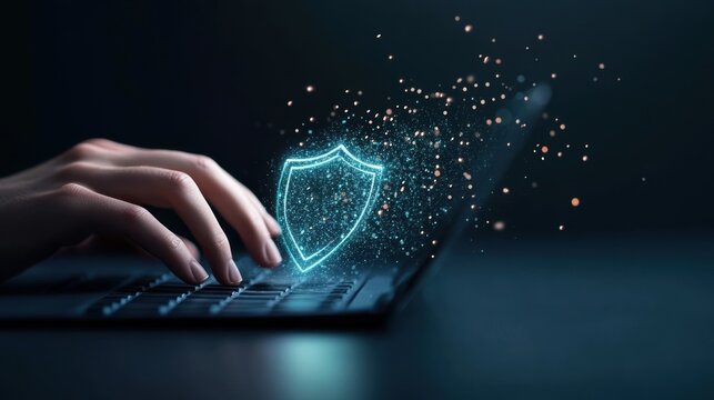 A hand typing on a keyboard with a digital shield appearing over the screen, representing online security measures.