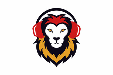 Lion in headphones logo vector design on white background