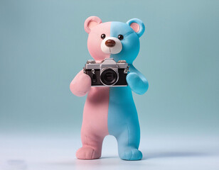 pastel color full view baby bear holding camera on-white background