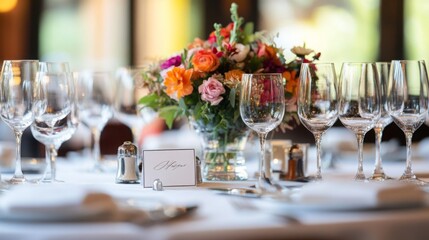 A beautifully arranged dining table features a vibrant floral centerpiece surrounded by sparkling glassware, set for an exquisite evening meal.