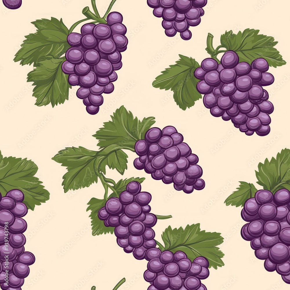 Poster Seamless pattern with ripe grapes and green leaves on a beige background.