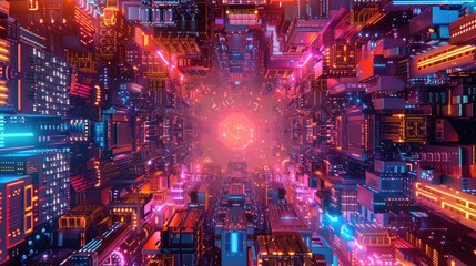 Abstract digital art featuring a futuristic cityscape with glowing neon lights and a bright, central point of light.