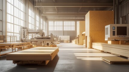Brightly lit woodworking shop with machinery and stacked materials during the afternoon