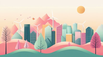A colorful illustration of a sustainable city, with wind turbines, solar panels, and green spaces.