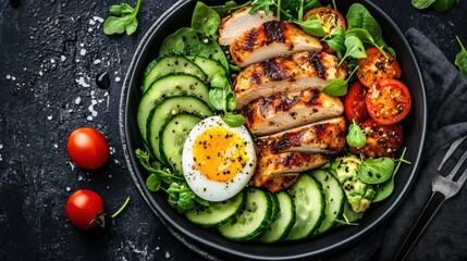 Top view of a paleo diet chicken and vegetable salad bowl with eggs, dark background