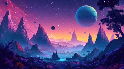 Fototapeta premium Horizontal illustration of future landscape with mountains, planets, trees, moon. Surrealist concept of escape. The generation of AI